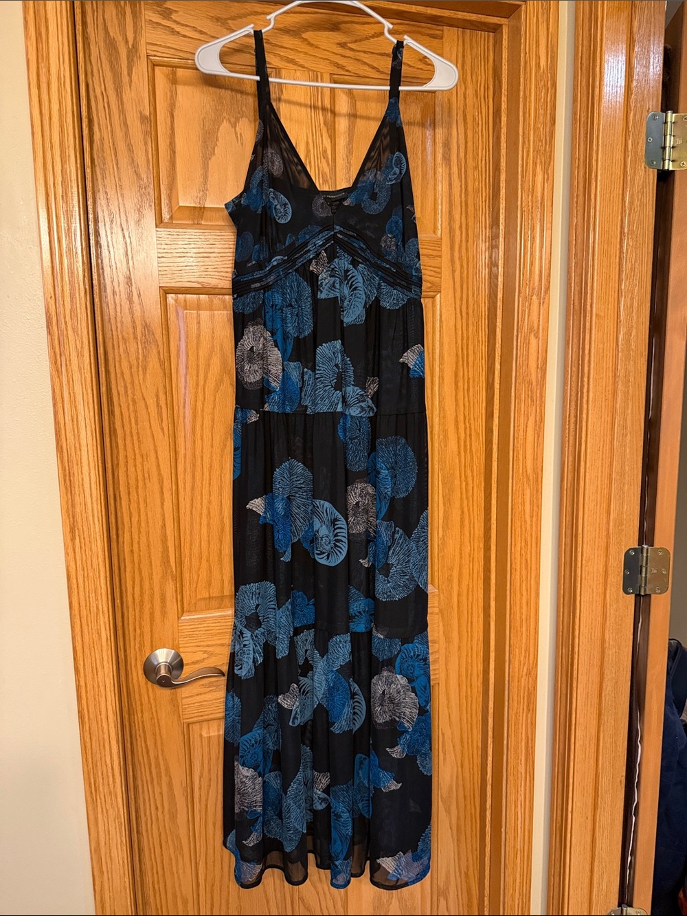 White House Black Market Black Maxi Dress with Blue Shell Print